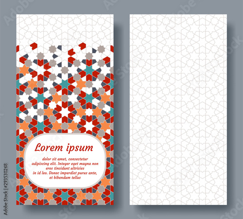 Islamic double card for invitation, celebration, save the date, wedding performed in arabian geometric tile. Colofrul vector template
