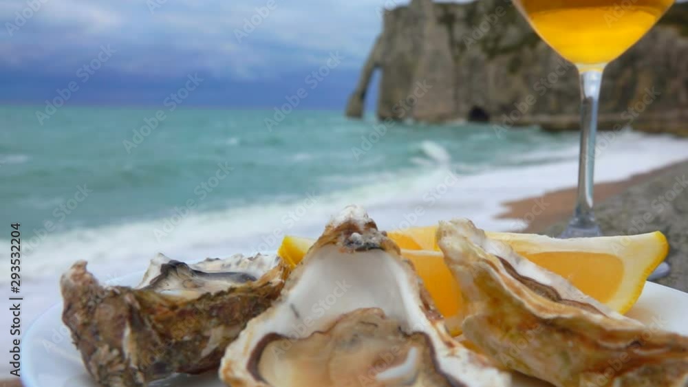 Close-up of a plate full of fresh oysters and a glass of white wine against the ocean on a cloudy day in Etretat, France