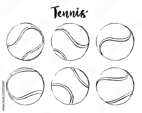 set of tennis ball hand drawn brush strokes, black outline on white background