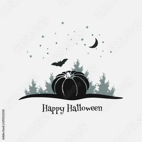 Hand drawn pumpkin with trees, bet and stars, autumn halloween background vector