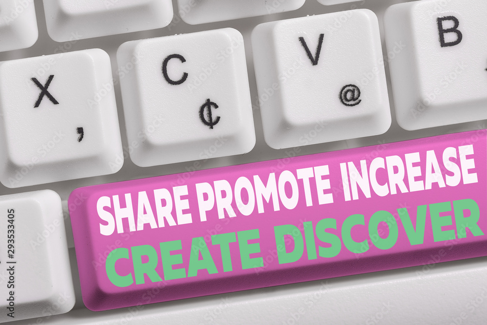 Word writing text Share Promote Increase Create Discover. Business photo showcasing Marketing inspiration motivation White pc keyboard with empty note paper above white background key copy space Word writing text Share Promote Increase Create Discover. Business photo showcasing Marketing inspiration motivation White pc keyboard with empty note paper above white background key copy space