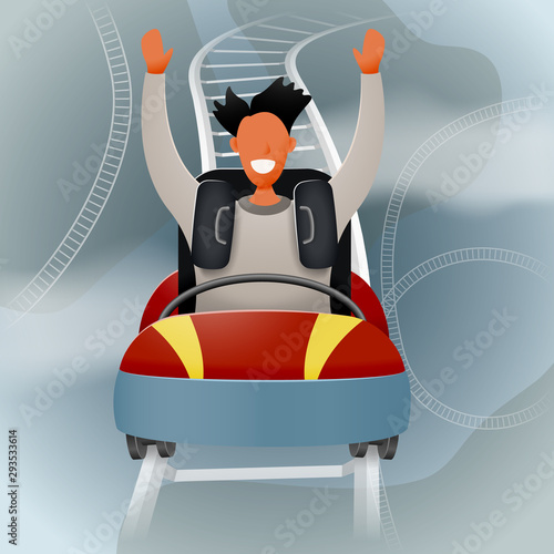 Funny character man rides a roller coaster high above the clouds.Vector illustration.