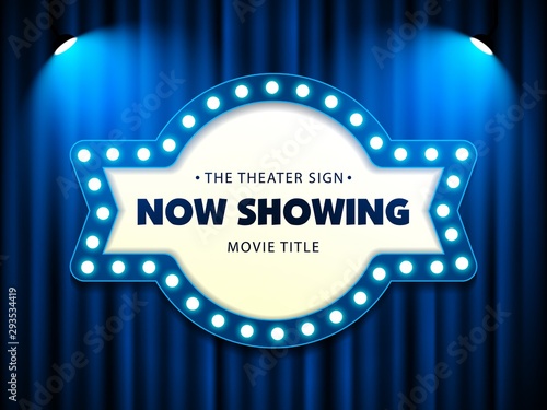 Cinema Theater Retro Sign on curtain with spotlight. Vector Illustration