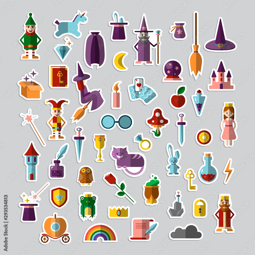 Flat vector set of fabulous magical halloween stickers. Book, magic ball, wizard hat, bottles with elixirs, castle, cauldrons, personages and animals. Gaming resources Flat vector set of fabulous magical halloween stickers. Book, magic ball, wizard hat, bottles with elixirs, castle, cauldrons, personages and animals. Gaming resources