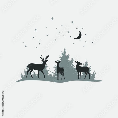 Deer family  vector christmas background with stars and moon