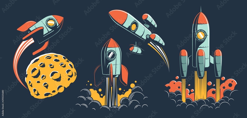 Space rocket of various designs flies in space - set of retro vector illustrations. Vintage spaceship launch to the other planet. Space rocket of various designs flies in space - set of retro vector illustrations. Vintage spaceship launch to the other planet.