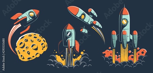 Fototapeta Naklejka Na Ścianę i Meble -  Space rocket of various designs flies in space - set of retro vector illustrations. Vintage spaceship launch to the other planet.