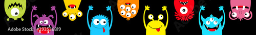 Happy Halloween. Hanging monster colorful silhouette head face icon set line. Eyes, tongue, tooth fang, hands up. Cute cartoon kawaii scary funny baby character. Black background. Flat design.