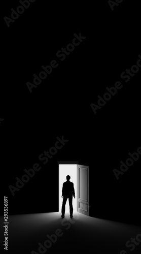Silhouette of a man standing in a dark room lit by bright light. 3d rendering