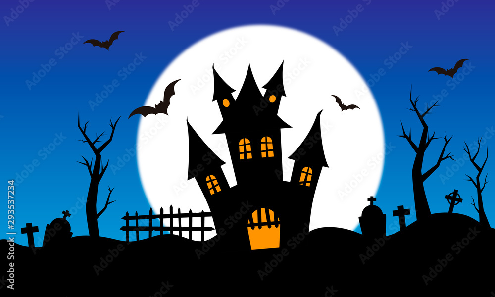 Halloween background. Scary house, cemetery and bats