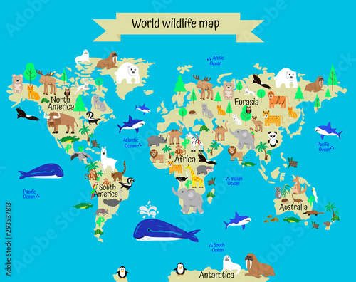 World wildlife map with animals and plants from different continents. geography for children. atlas of world with continents and oceans