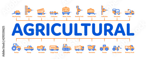 Agricultural Vehicles Minimal Infographic Web Banner Vector. Agricultural Transport, Harvesting Machinery Linear Pictograms. Harvesters, Tractors, Irrigation Machines, Combines Illustration
