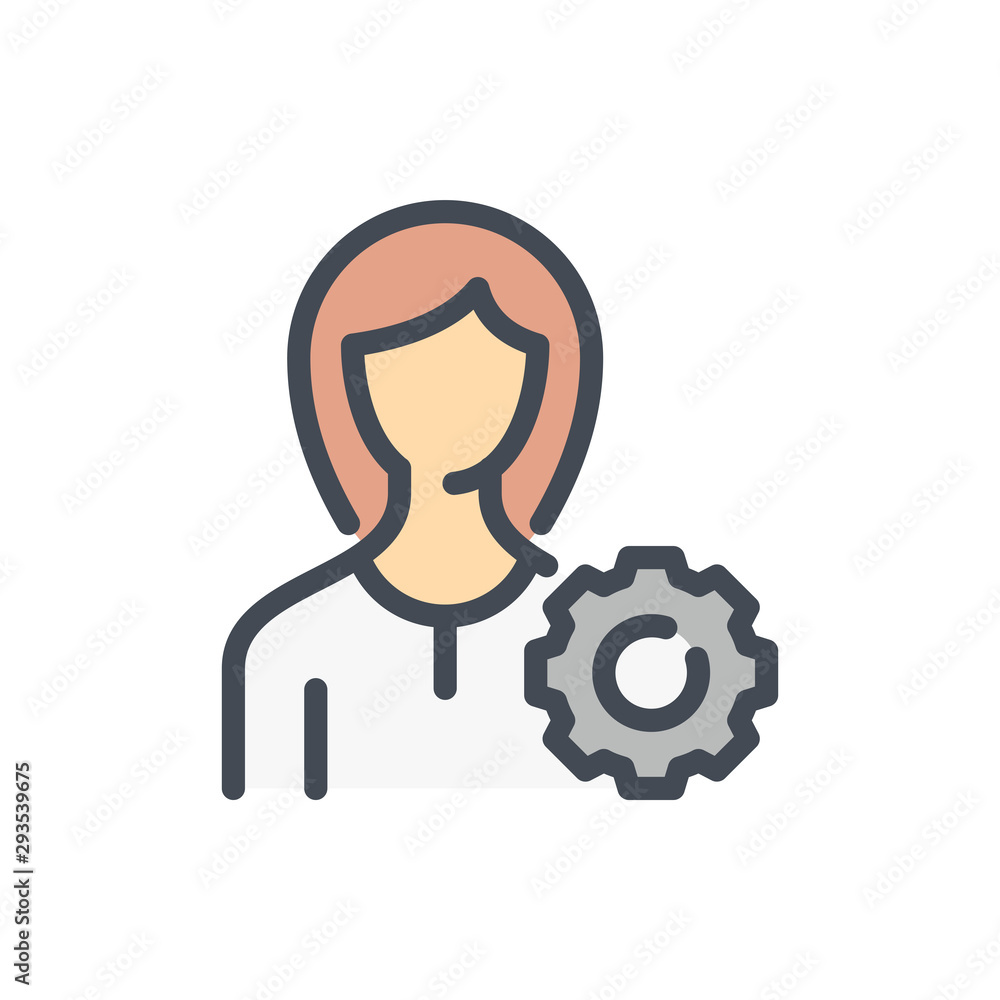 Account settings color line icon. Female profile with gear vector outline colorful sign. Account settings color line icon. Female profile with gear vector outline colorful sign.
