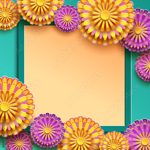 Festive frame with colorful 3d chrysanthemum