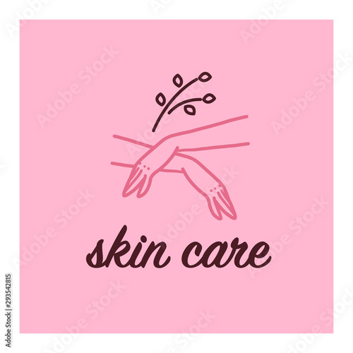 Vector hand skin care logo design concept with human lady hands illustration icon in hand drawn style isolated on light background. Hand cream emblem, moisturizer packaging badge, body care etc.