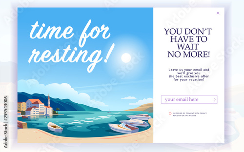 Vector squeeze page design template with beautiful flat europe harbour landscape illustration and email text box. Special offer season concept. For traveling firm and agency mailing, discount programs