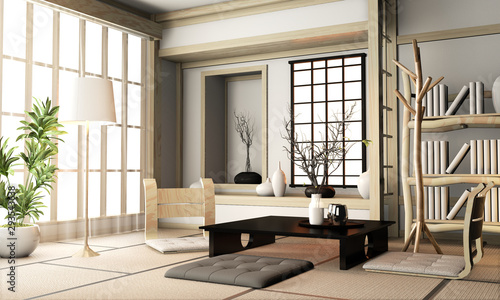 Photography Ryokan living room japanese style with tatami mat floor and decoration
