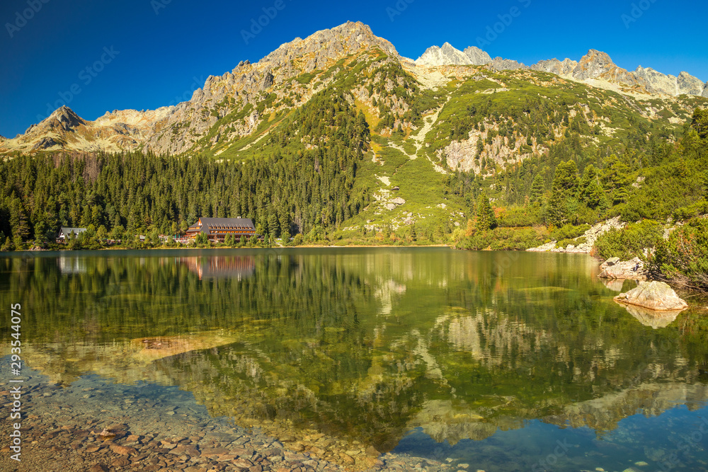 Mountain landscape at autumn season. The Popradske pleso lake in High Tatras National Park, Slovakia, Europe.