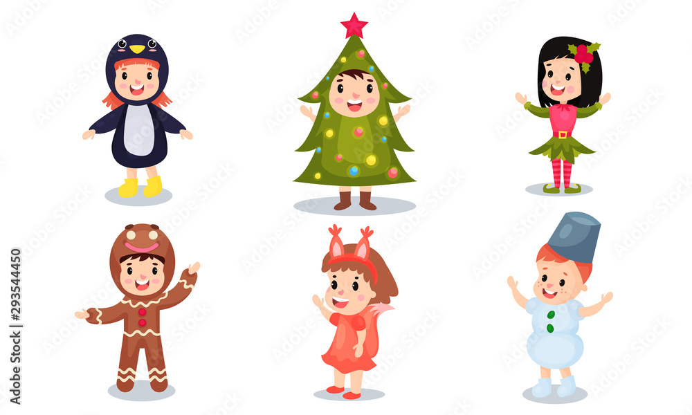 Set Of Six Children Wearing Fan Costumes For Christmas Or Baby New Year Eve Celebration Vector Illustrations Cartoon Characters