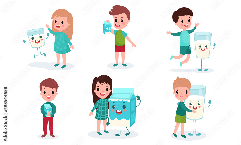 Set With Six Children And Big Cartoon Characters Of Milk Cartons And Glasses Funny Vector Illustrations