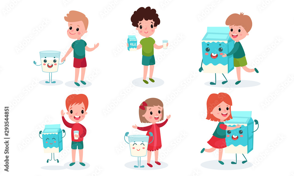 Set With Six Children And Big Cartoon Characters Cartons And Glasses Of Milk Vector Illustrations