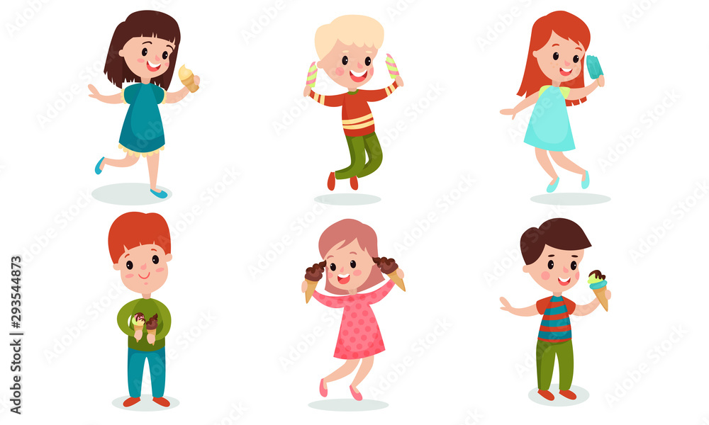 Set With Six Cartoon Characters Of Children With Ice Cream Vector Illustrations