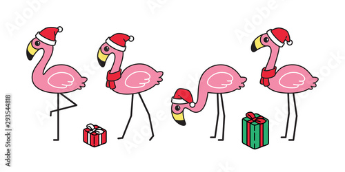 flamingo vector Christmas icon Santa Claus hat gift box bird cartoon character animal exotic nature wild fauna illustration doodle design