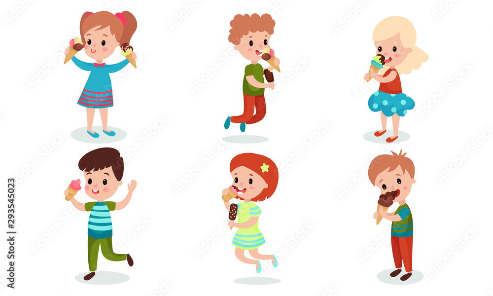 Set With Six Children With Ice Cream Vector Illustrations Cartoon Characters