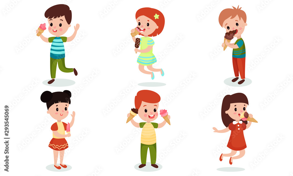 Set Of Six Cartoon Characters Of Children With Different Kinds Of Ice Cream Vector Illustrations