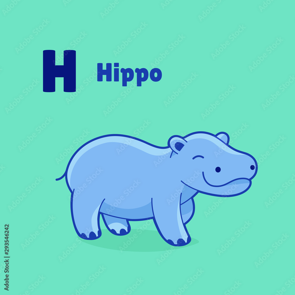 Obraz premium Cartoon hippo, cute character for children. Vector illustration in cartoon style for abc book, poster, postcard. Animal alphabet.