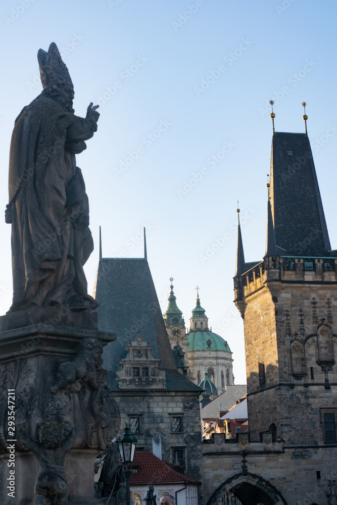 Statue and castles at old district of Prague view from Charles bridge. Czech republic symbol.