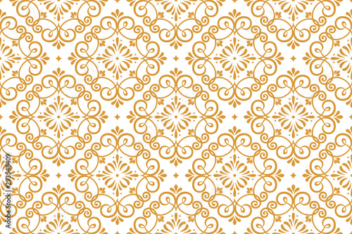 Wallpaper in the style of Baroque. Seamless vector background. White and gold floral ornament. Graphic pattern for fabric, wallpaper, packaging. Ornate Damask flower ornament