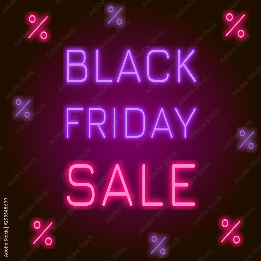 Black friday, text with neon glow. Total sale and discounts! Banner template. Special offer, business theme.