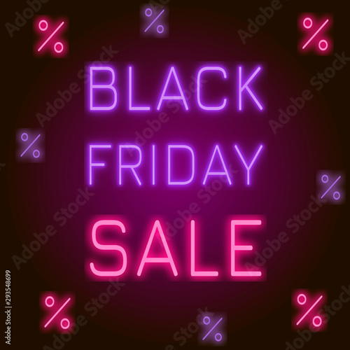 Black friday, text with neon glow. Total sale and discounts! Banner template. Special offer, business theme.