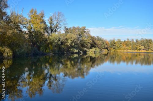 Beautiful autumn landscape with a lake and trees.