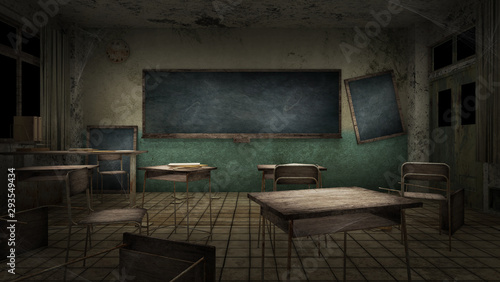 horror and creepy classroom in the school. 3D rendering