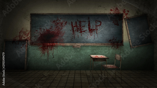 horror and creepy classroom in the school with text help blood. 3D rendering