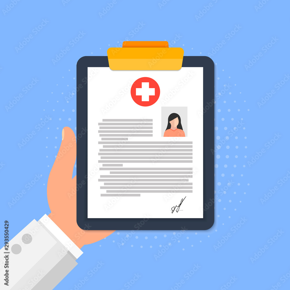 Doctor's hand holds medical card of woman on tablet on blue background. Doctor's hand holds medical card of woman on tablet on blue background.