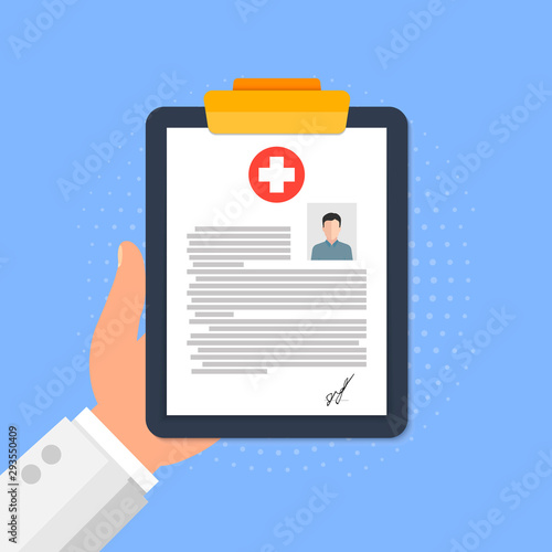 Doctor's hand holds a medical card of her husband on a blue background.