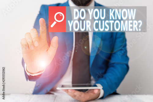 Writing note showing Do You Know Your Customer Question. Business concept for Have into account client likes opinion Businessman with pointing finger in front of him