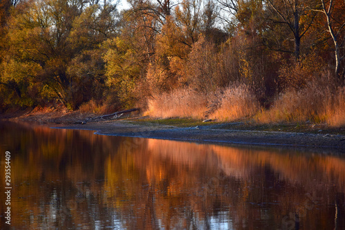 Autumn landscape with a lake and trees in the evening sunlight. photo