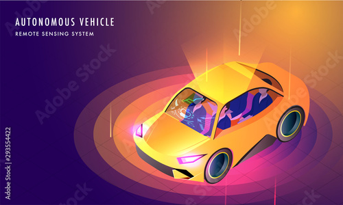 Autonomous Vehicle Remote Sensing System concept, Isometric illustration with smart car between digital rays.