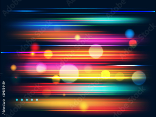 Speed motion background with colorful light beams and bokeh effect for futuristic technology concept.