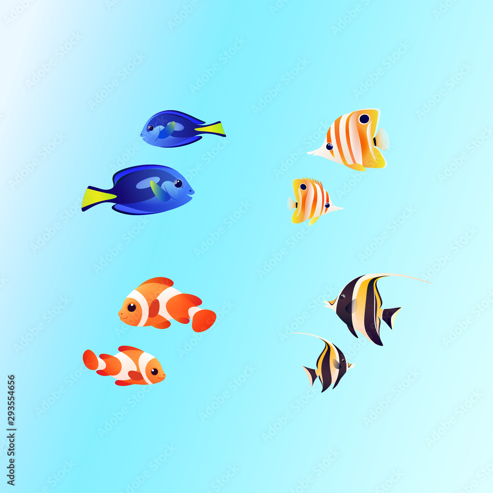 Group of fishes - coral fish isolated on blue background. Clown fish, surgeon fish, butterfly fish, triangle fish. Good illustration in colorful style. Group of fishes - coral fish isolated on blue background. Clown fish, surgeon fish, butterfly fish, triangle fish. Good illustration in colorful style.