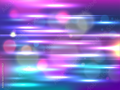 Speed motion background with colorful light beams and bokeh effect for futuristic technology concept.