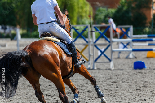 Young male horse rider on show jumping competition