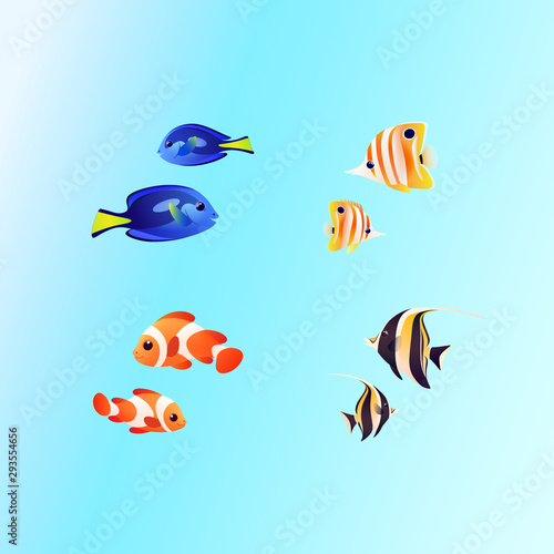 Group of fishes - coral fish isolated on blue background. Clown fish, surgeon fish, butterfly fish, triangle fish. Good illustration in colorful style.