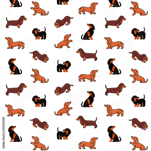 Cartoon happy dachshund - simple trendy pattern with different dogs. Flat vector illustration for prints, clothing, packaging and postcards. 