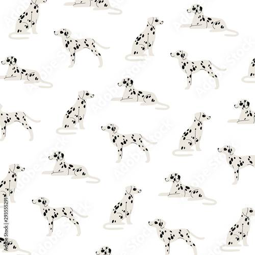 Cartoon happy dalmatians - simple trendy pattern with  dogs on white background. Flat vector illustration for prints, clothing, packaging and postcards. 