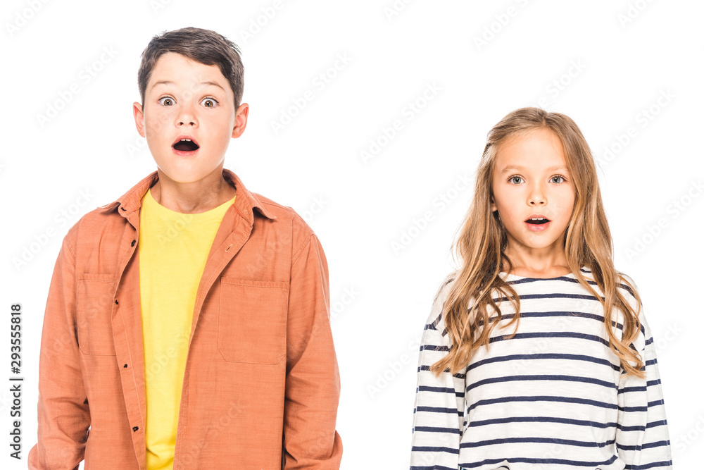 front view of shocked children isolated on white front view of shocked children isolated on white